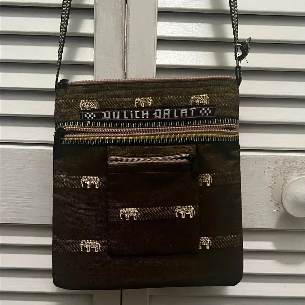 0977** Unisex Gold-Banana Leaf green Thai Silk Stylish Crossbody Bag
